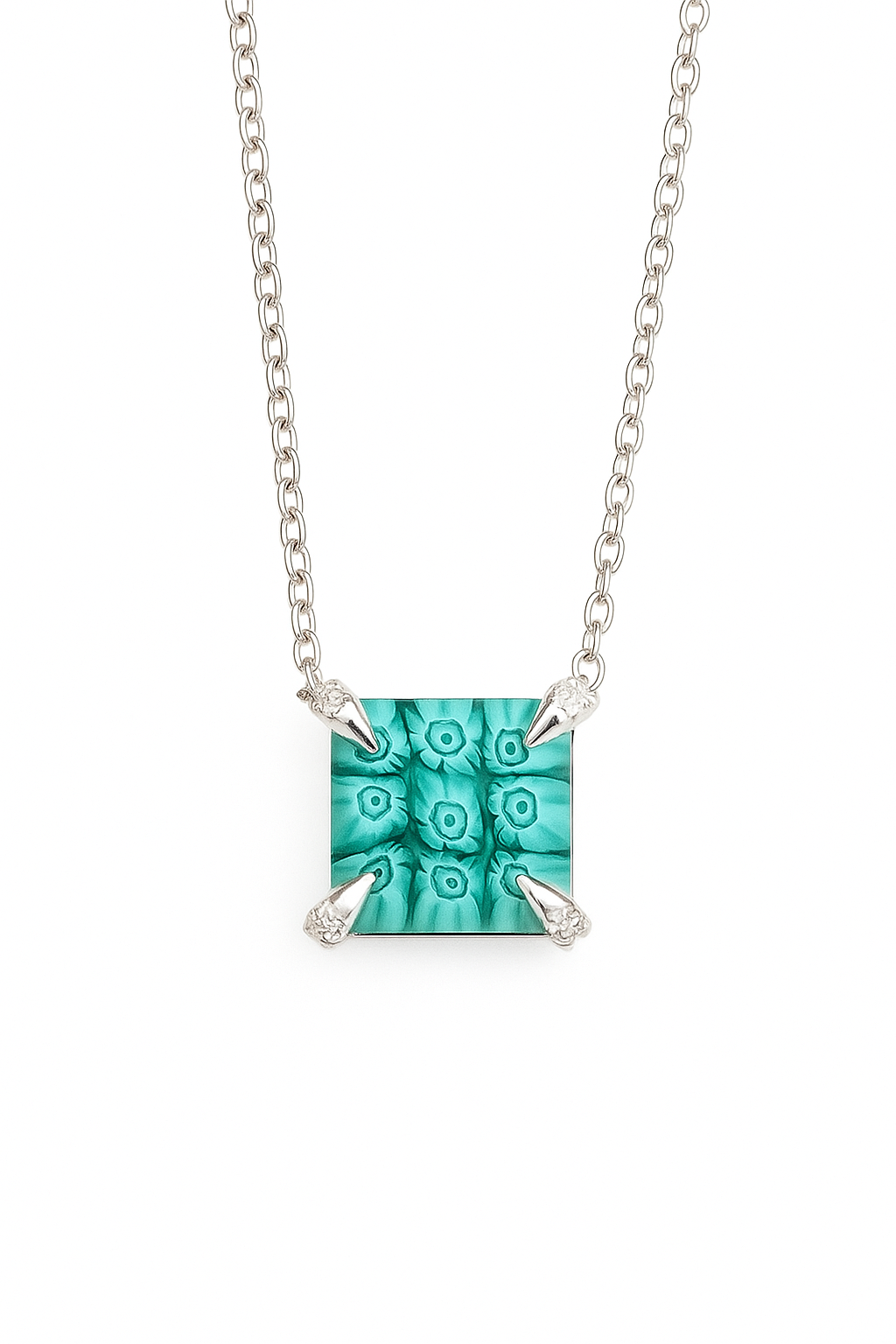 Square green floral pendant with chain
