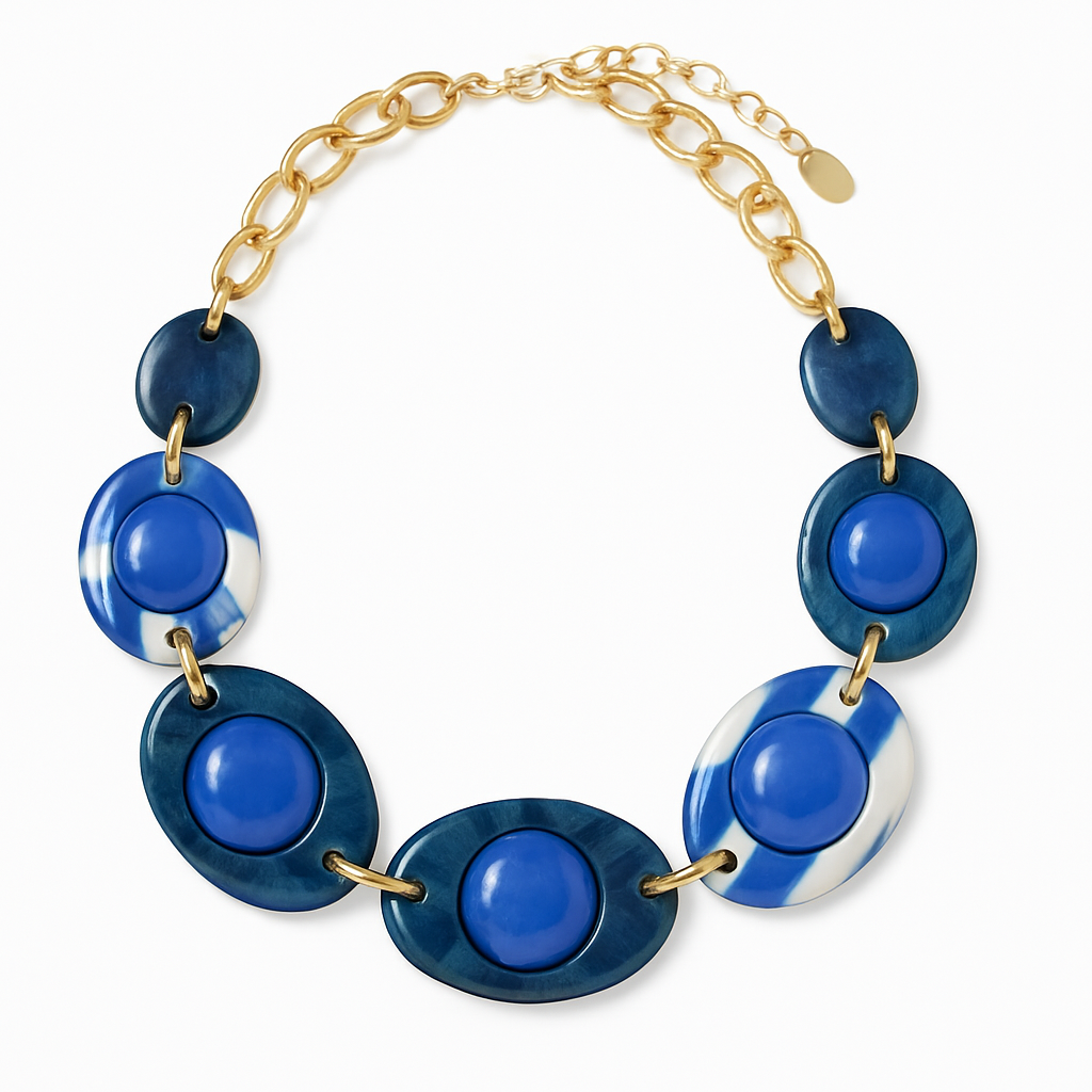 Blue and white resin necklace with gold chain