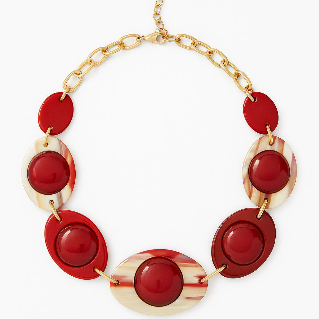Red and cream marbled resin necklace