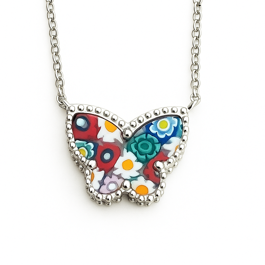 Millefiori butterfly multicolor pendant with chain
